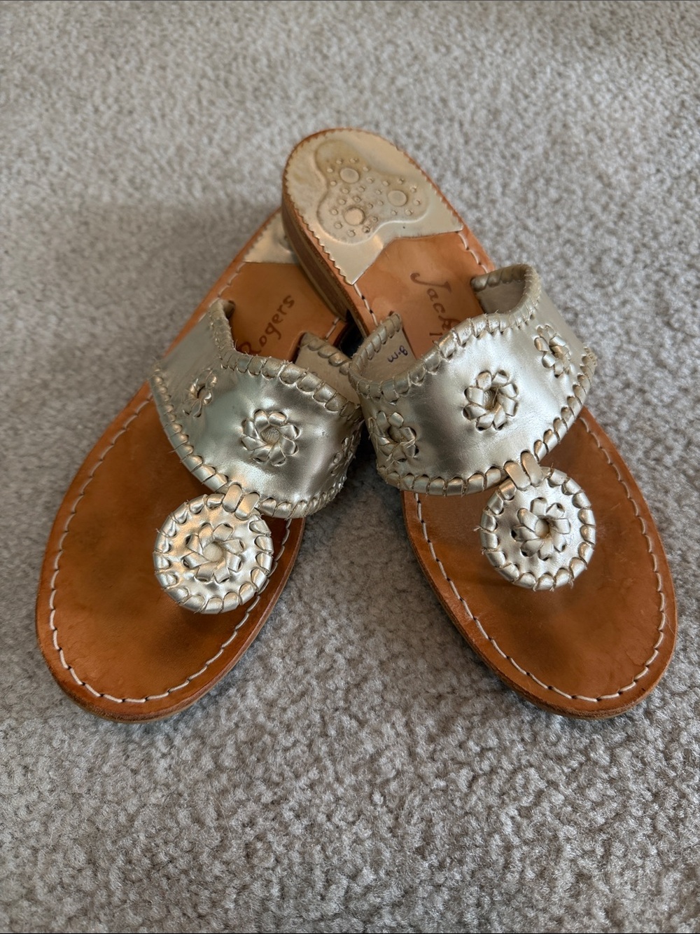 Jack Rogers Silver Leather Thong Sandals with Medallion Detail